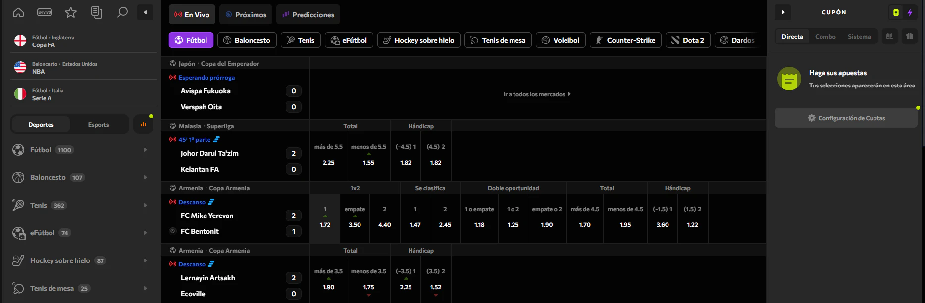 Opciones de apuestas en deportes y competiciones de eSports dentro de Instasino Casino